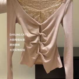 8093冬季新款假两件蕾丝拼接长袖上衣女设计感时尚套装韩系纯欲