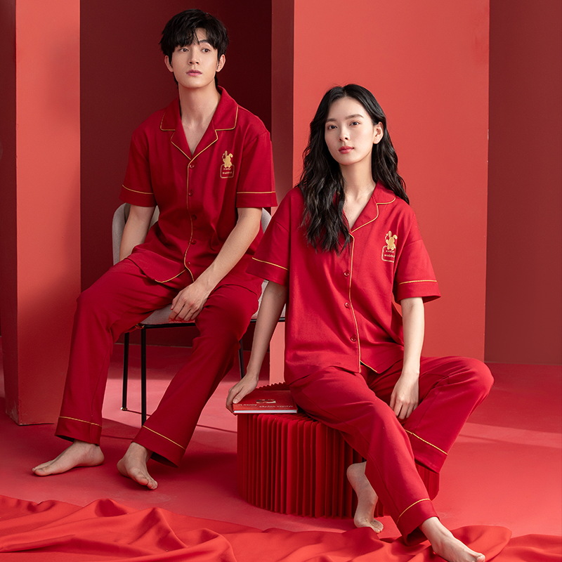Pijamas Boda boda pareja traje rojo algodón hombres mujeres pantalones de manga corta pareja de media manga pijamas verano