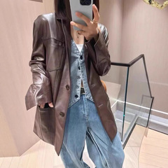 真皮夹克2025时尚新翻袖绵羊皮植鞣中长款小西装皮衣外套女年轻款