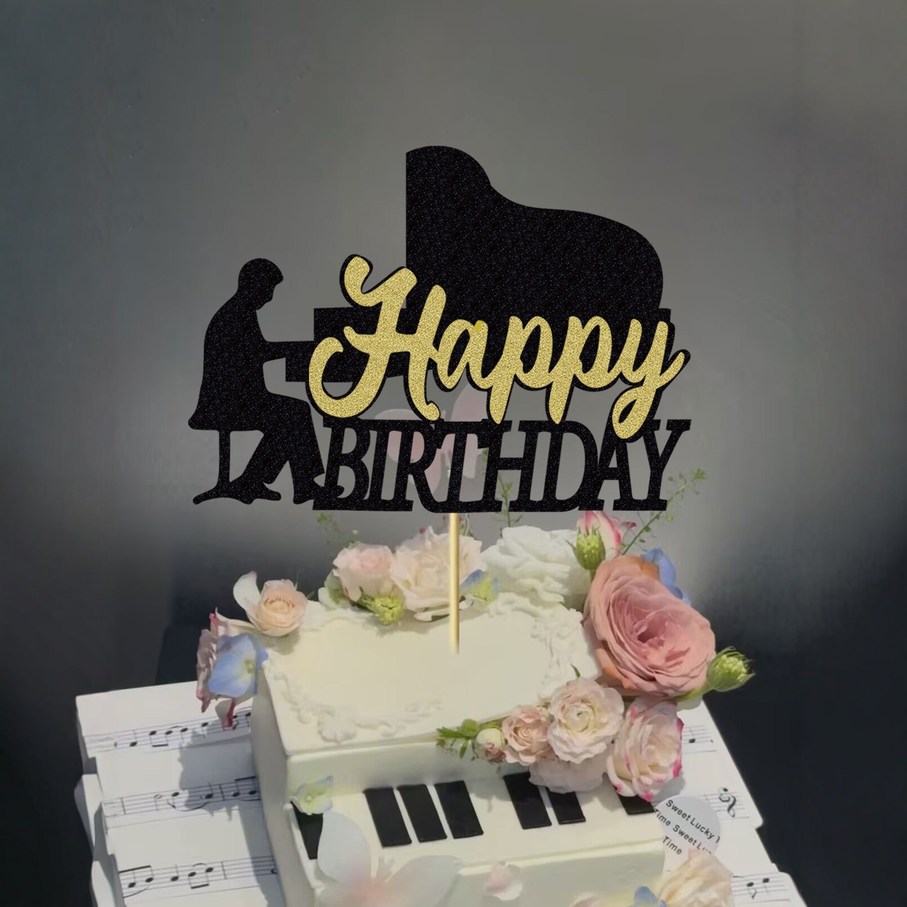 Piano Theme Party Glitter Cake Decoration Birthday Party Cake Decoration Plug-In Plug-In Venue Layout Props