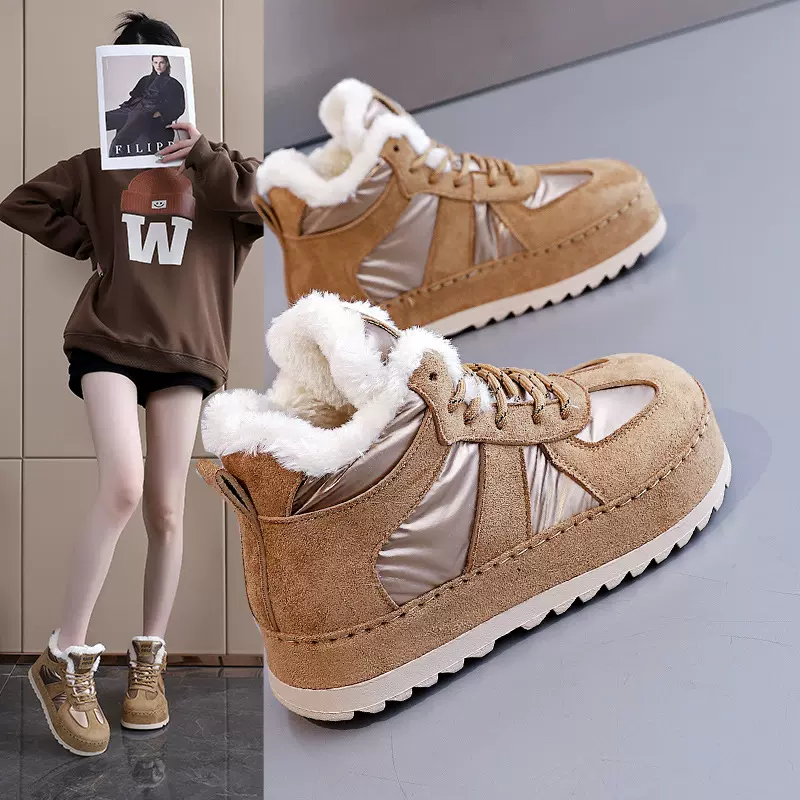 加绒德训女鞋雪地靴女2025年冬季新款厚底保暖高帮棉鞋女棉靴2540