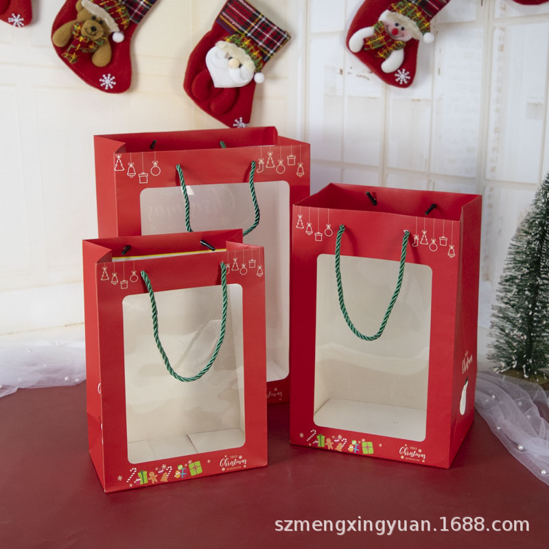 Navidad de alto valor, caricatura, Papá Noel, renos, muñeco de nieve, ventana transparente, regalo, bolsa de papel