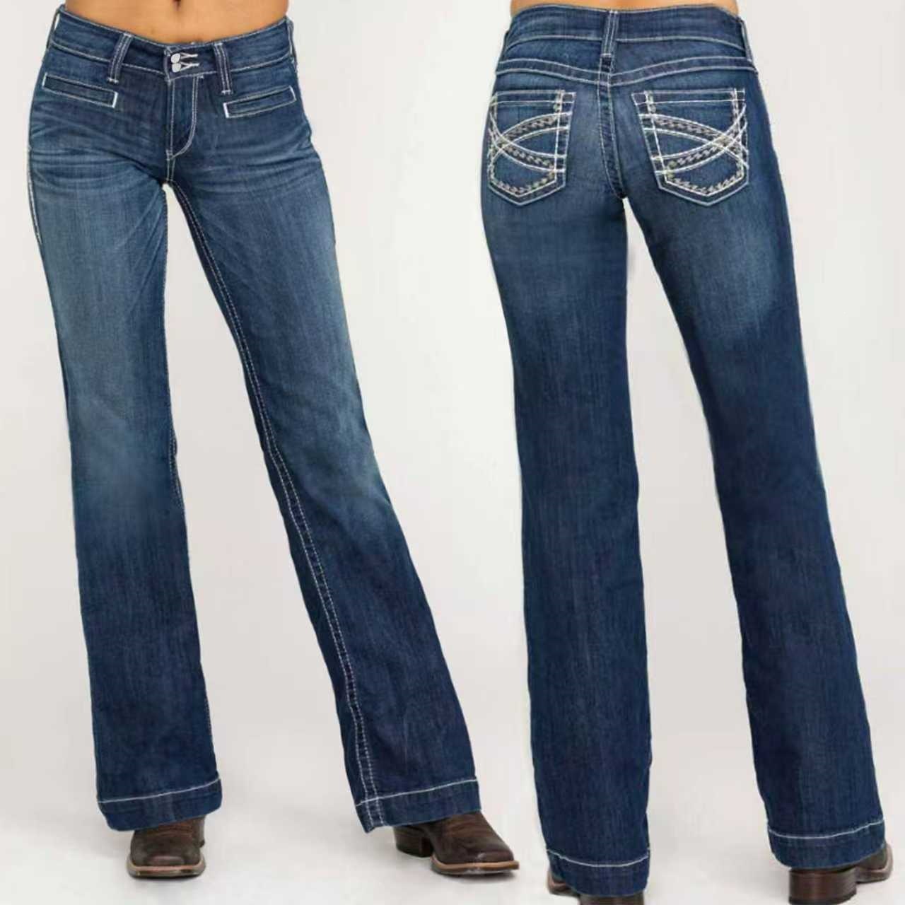 Jeans Rectos Bordados de Doble Cintura de Algodón y Spandex Elástico de Cintura Alta