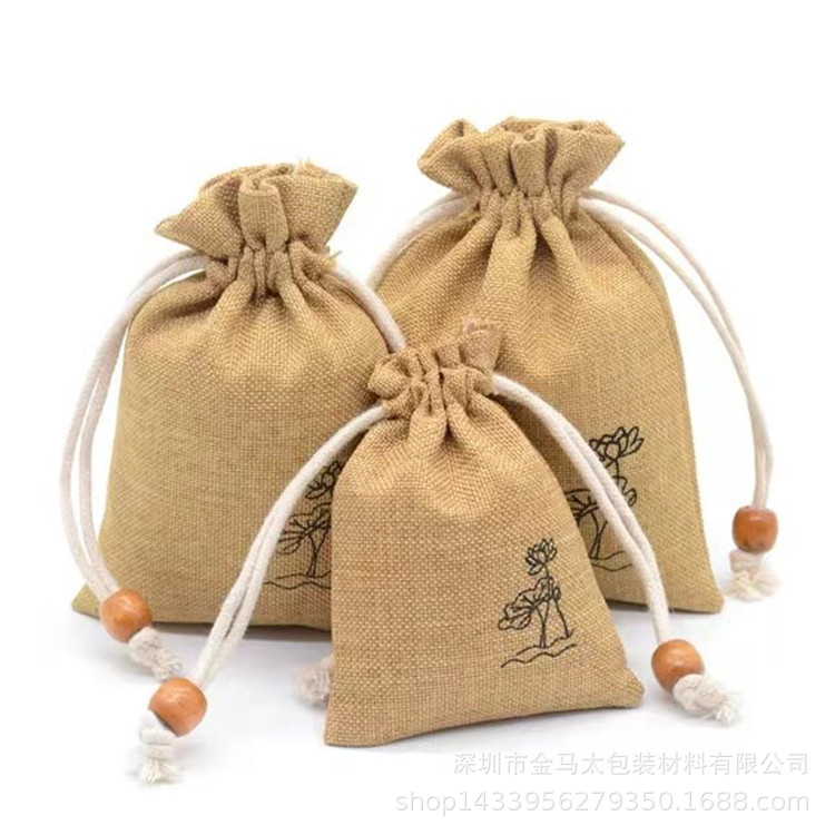 爆款麻布透气文玩大米药材防潮拉绳袋+木珠子装饰佛珠 茶叶收纳袋