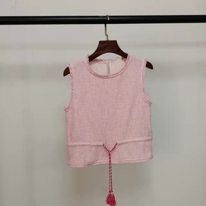 Spring and Summer Style Lace-Up Drawstring Tweed Pink Sleeveless Vest Waist-Cinching Tank Top for Women