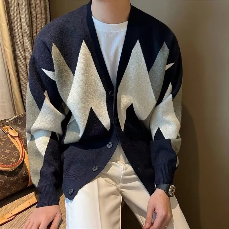 Mr. NR Korean-style mature young men's fashion cardigan, men's knitted sweater, retro-style color-blocking diamond pattern casual sweater jacket