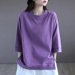 2023夏のゆるいtシャツの女性の薄い丸首の7分袖の通勤のアイデアの胸の前でプリントできる純色の上着