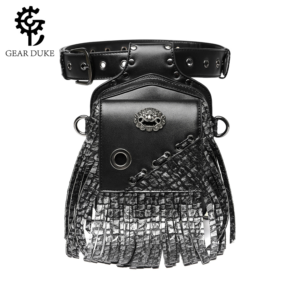 2023 new foreign trade bags wholesale European and American punk men's waist bag PU leather outdoor tactical bag women's tassel hanging bag