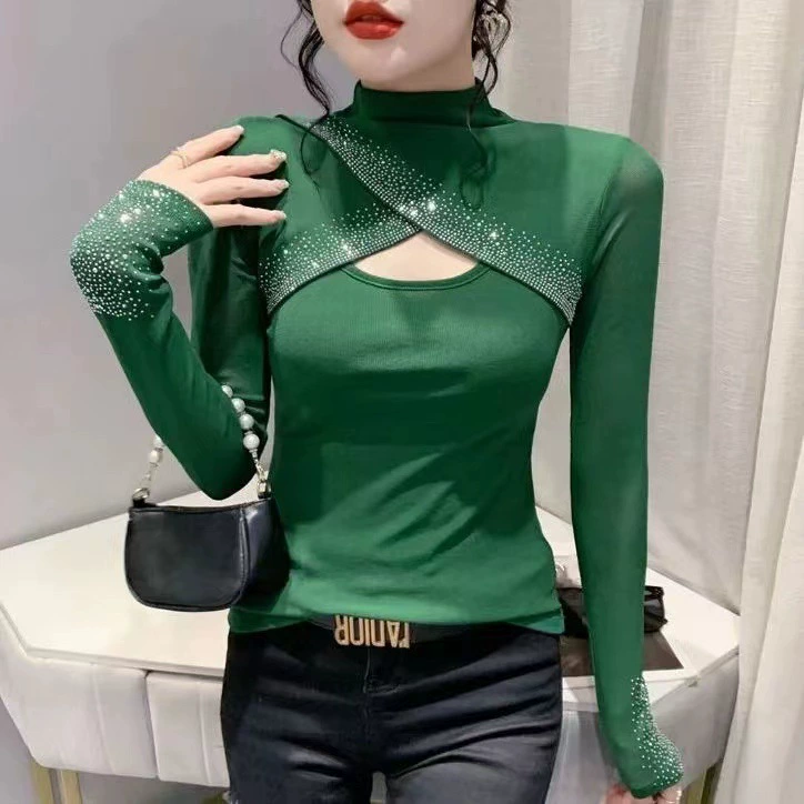 Long‑sleeve women's autumn T‑shirt, high collar, body‑skimming with mesh sleeves and rhinestones