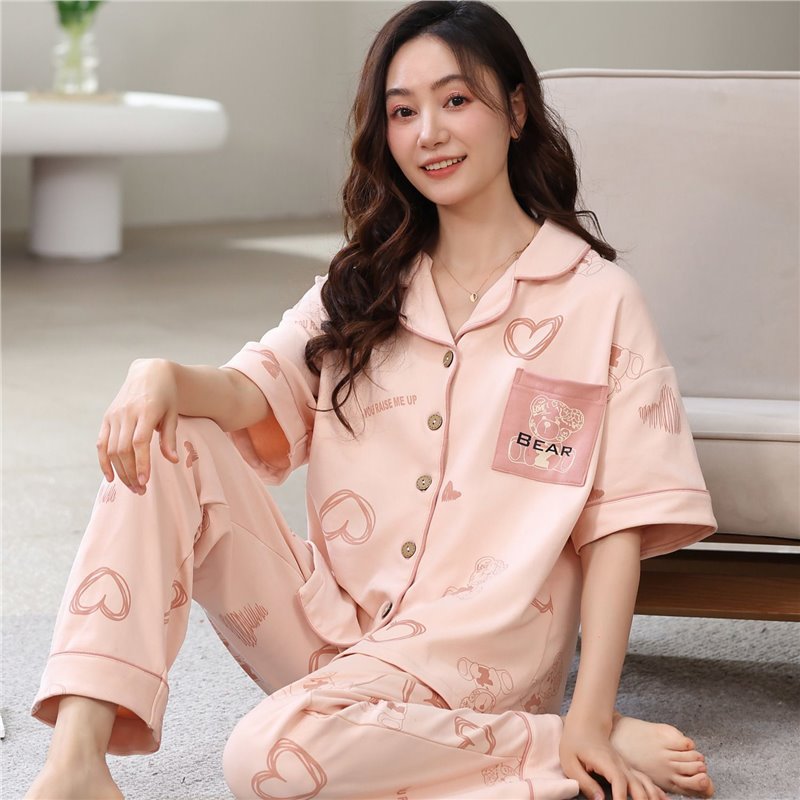 Pajamas de algodón de dos caras para mujeres de verano coreanas pantalones de manga corta, cardigan grande, ropa para el hogar juvenil