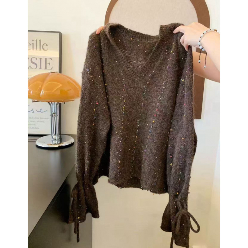 2026 Autumn New European Style High-End Navy Blue Dot Yarn Sweater for Women, Soft Pullover Printed Knit Top