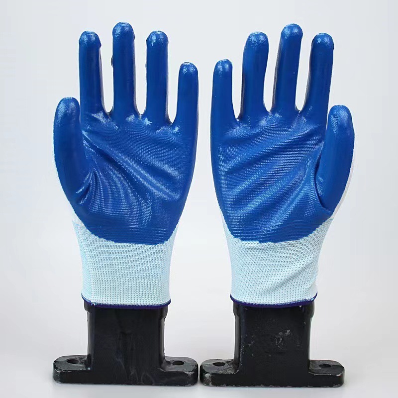N518尼龙丁腈防滑防油浸胶胶手套涂胶防护劳保手套蓝色丁 晴丁青