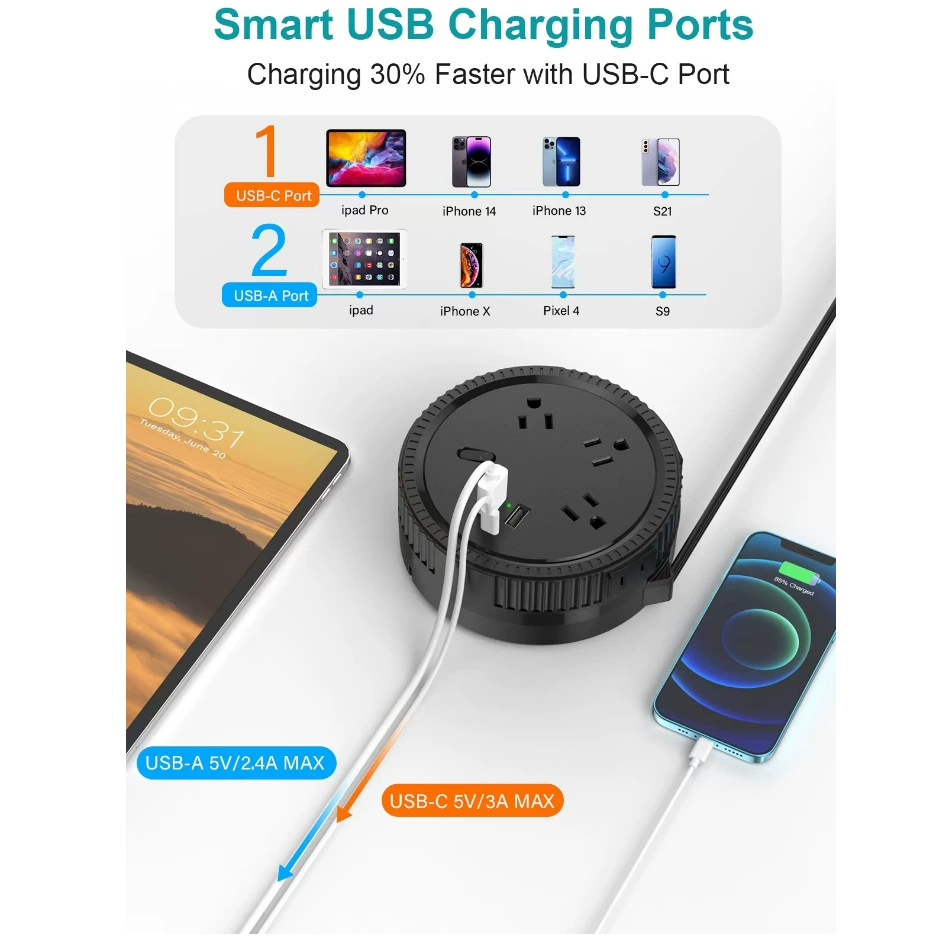 Patented cross-border new product American version power strip with retractable cable multi-port USB fast charging