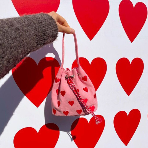 Korean embroidered love strap pink handbag for women 2024 spring and summer new style shoulder crossbody mini bucket bag