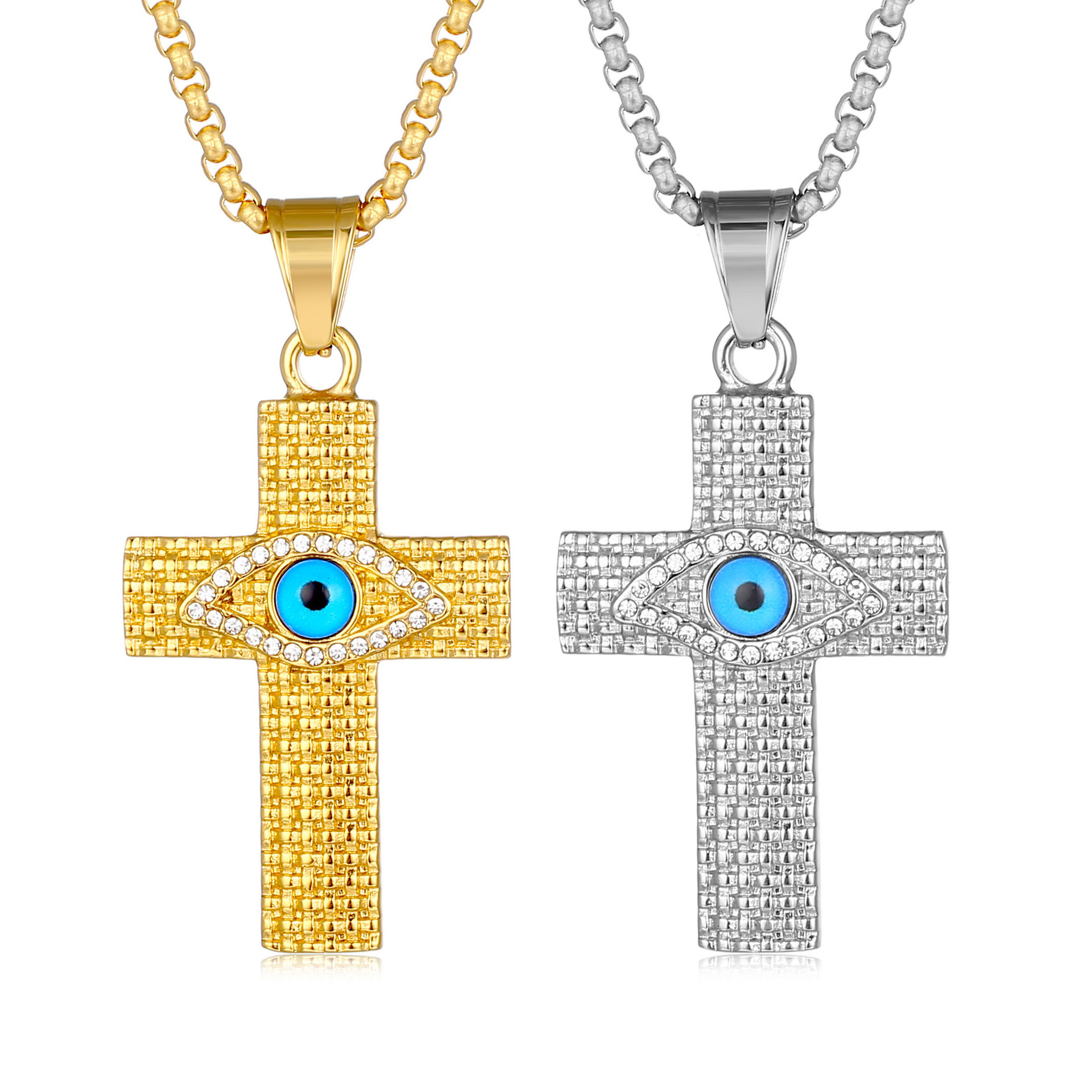 European And American Cross-Border Popular Hip Hop Hiphop Jewelry Titanium Steel Gold-Plated Diamond-Embedded Evil Eye Cross Pendant Necklace display picture 1