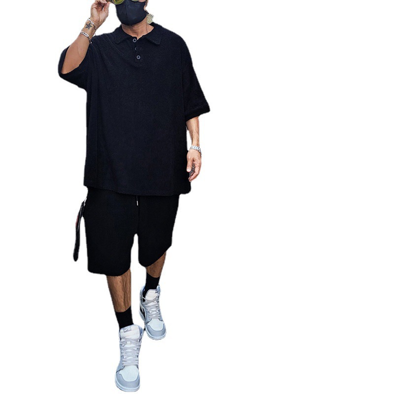 Camiseta de solapa de los hombres transfronterizos camisa de polo traje deportivo Toalla de verano para hombres pantalones cortos de manga corta sueltos conjunto de dos piezas