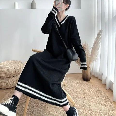 2026 New Autumn and Winter Women's Base Dress, Korean Style Loose Long Over-The-Knee Slimming V-Neck Sweater Knit Dress