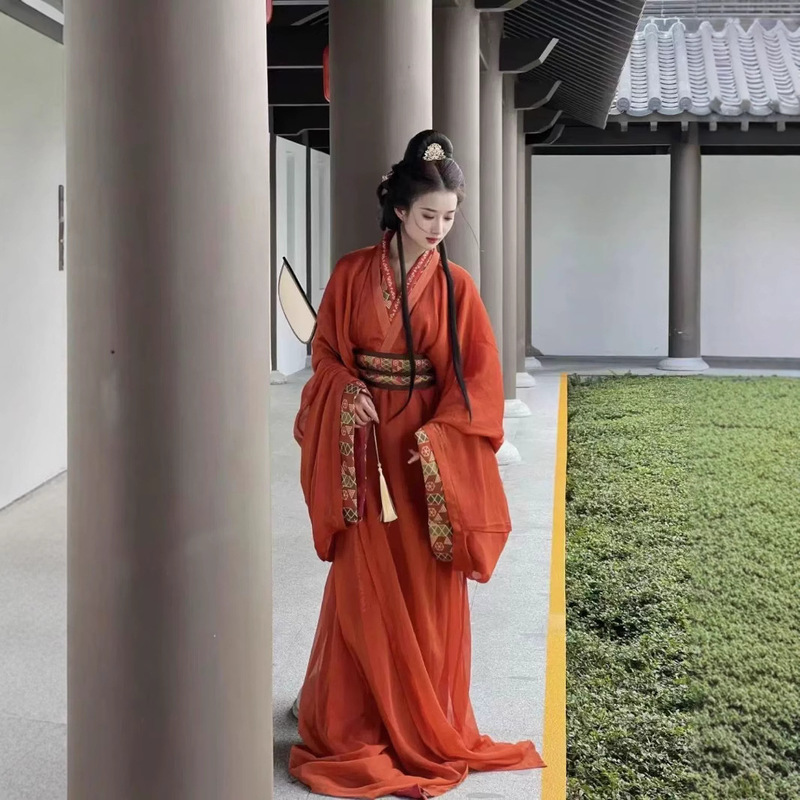 新しい漢服女性の戦国ローブストレート裾復元伝統的なクロスネック春と秋スリムダンス宮殿スタイル古代衣装テール|undefined