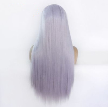 Perucas de comercio exterior fibra química europea y americana frente encaje cubierta de cabeza azul gris largo fabricante de cabello recto LW0111