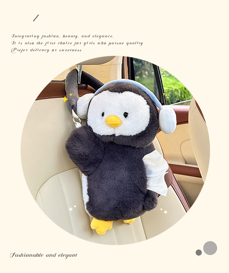 Cartoon Car Tissue Box Plush Toy Multifunctional Hanging Tissue Bag Cute Penguin Car Tissue Holder