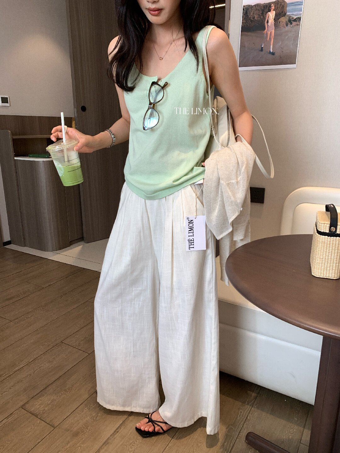 Quần ống rộng nữ vải linen phối cotton dáng suông mùa hè — Xám gạo, Xanh xám nhạt, Xanh đen, Cam bí ngô chi tiết 60