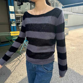 BM风撞色条纹马海毛软糯针织衫上衣女bm辣妹修身显瘦内搭薄款毛衣