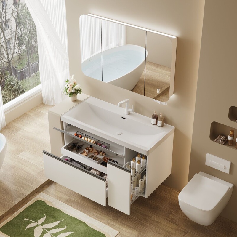 New large storage pull-out basket bathroom cabinet set with gold-plated stone integrated ceramic basin