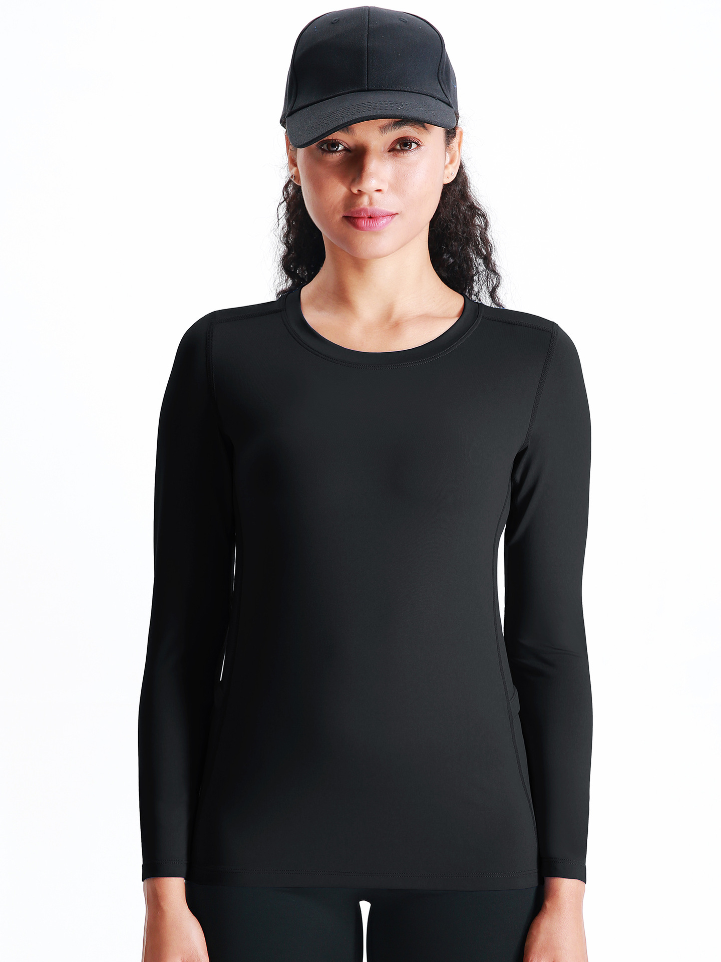 Camiseta de cuello redondo de manga larga deportiva transpirable de secado rápido para mujer, bolsillos bilaterales elásticos, ropa de fitness para correr informal suave y agradable para la piel