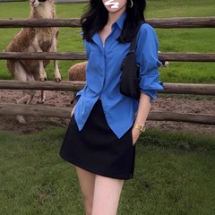 克莱因蓝色长袖衬衫女早秋季气质叠穿内搭收腰显瘦松驰感衬衣上衣