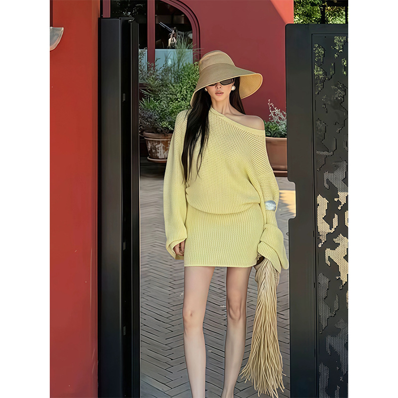 十三行秋新款毛衣慵懒风针织茶系穿搭连衣裙辣妹一字肩长袖女包臀|undefined