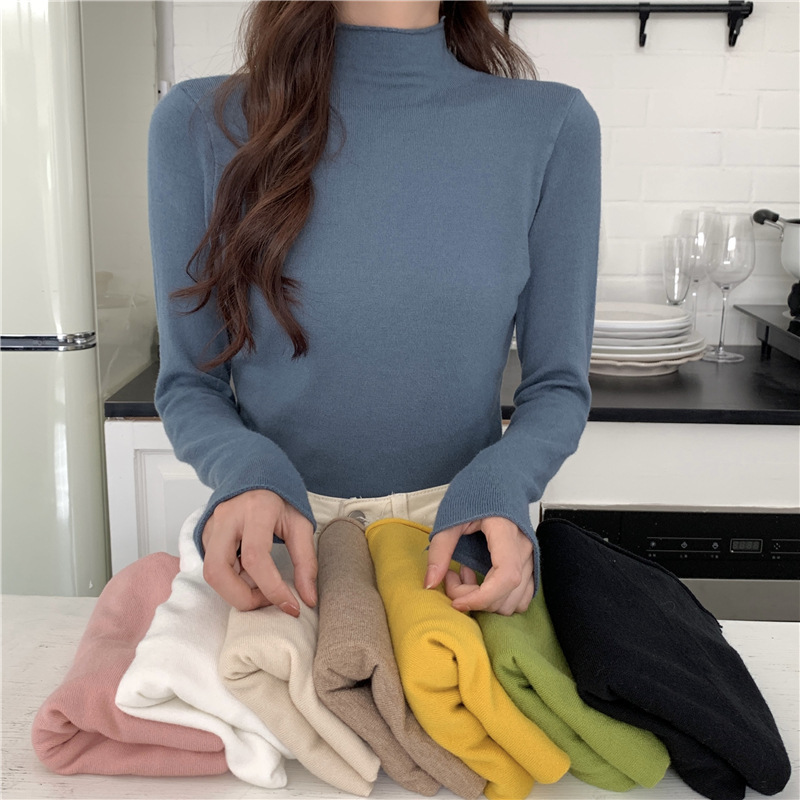 Real shot real price ~ autumn and winter new curling pile collar sweater top solid color all-match foreign style base shirt women Real shot real price ~ autumn and winter new curling pile collar sweater top solid color all-match foreign style base shirt women