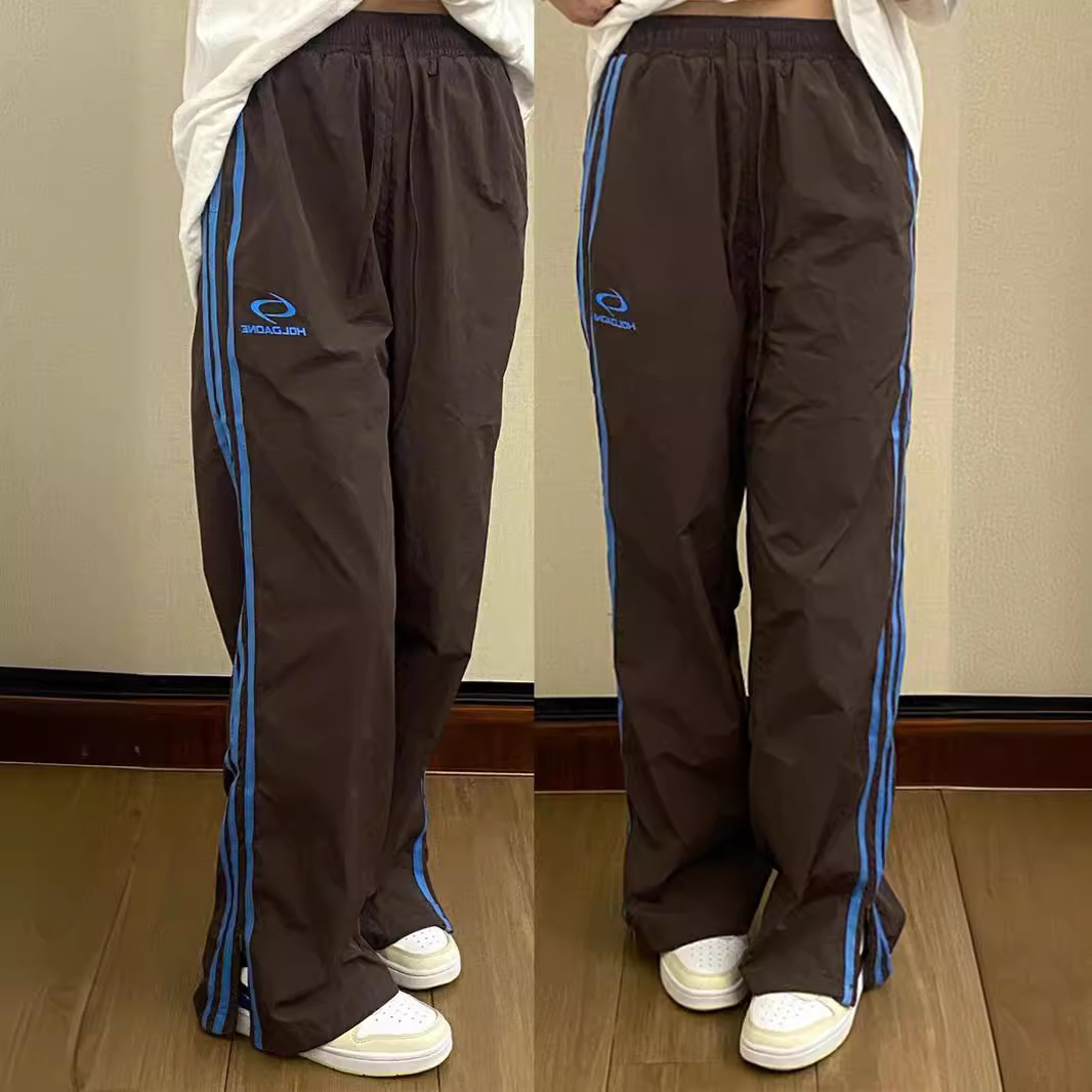 美式复古伞兵运动休闲裤男女轻薄尼龙速干三条杠阔腿街舞裤高街潮