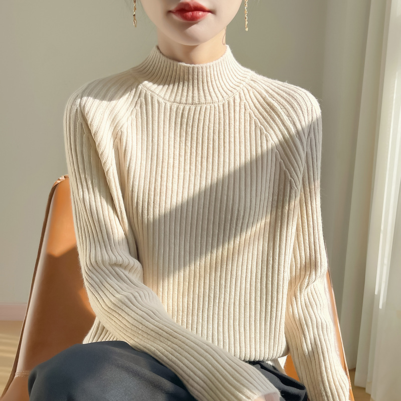 Cross-Border Autumn and Winter New Half-Turtleneck Sweater for Women with Raglan Sleeves, Pullover Ribbed Knit Top, Fashionable Slim-Fit Base Shirt