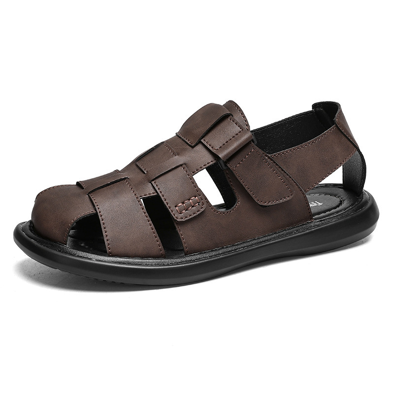 Zapatos de hombre de verano 2025 nueva moda al aire libre de tamaño grande velcro cabeza de pan de cuero de arena plana sandalias casuales de playa
