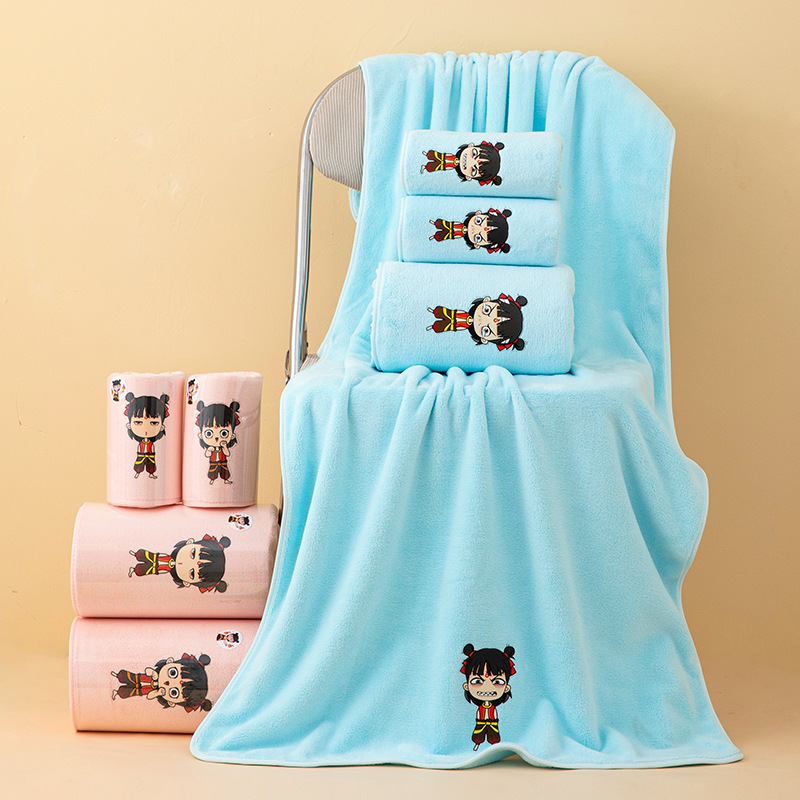 Custom New Ins Embroidered Coral Fleece Thickened Edge Nezha Antibacterial Towel Bath Towel Set Quick-Dry Towel