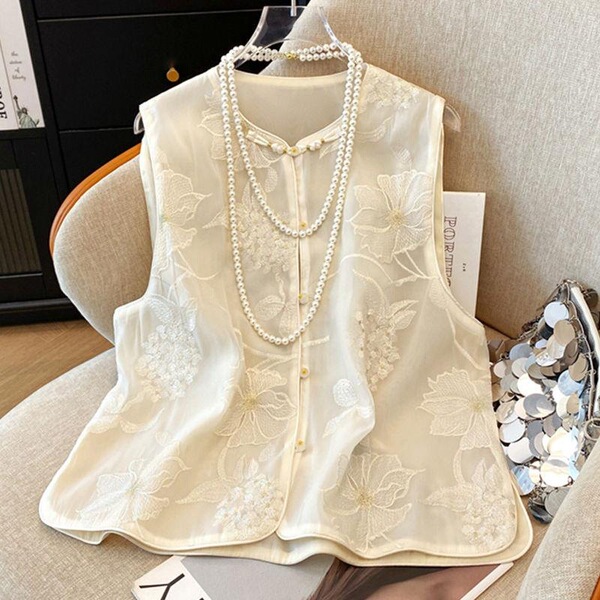 Organza Chinese-Style Vest for Women, New Model with Embroidered Button Design, Summer Thin New Chinese-Style Waistcoat