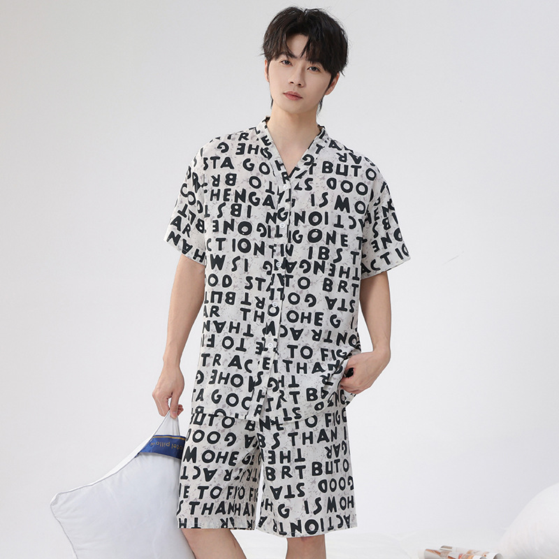 Couple's Summer Cotton Pajamas, Suitable for Outdoor Wear, Men's and Women's Short-Sleeve and Short-Pants Sets, Loungewear, Long-Sleeve and Long-Pants Air-Conditioning Clothing