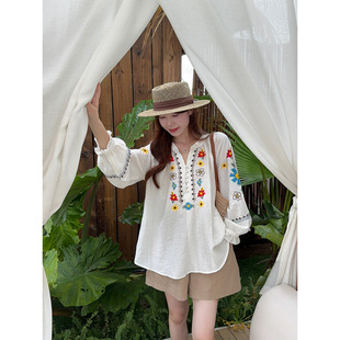 Feiqiqi Plus Size Heavy-Duty Flower Embroider Thin Material Cool Babydoll Shirt Sun Protection Shirt + Shorts Suit