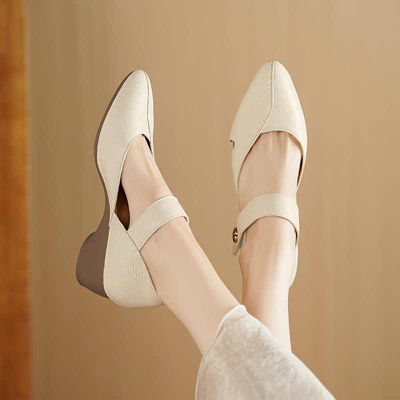 Sandal nữ đế xuồng mũi nhọn da cừu, gót 7 cm, phong cách retro — Màu trắng nhạt