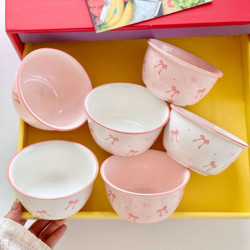 Ins系ご飯碗蝶結び陶磁器碗釉薬下彩家庭用ピンク少女心飯碗甜品碗可マイクロ波|undefined