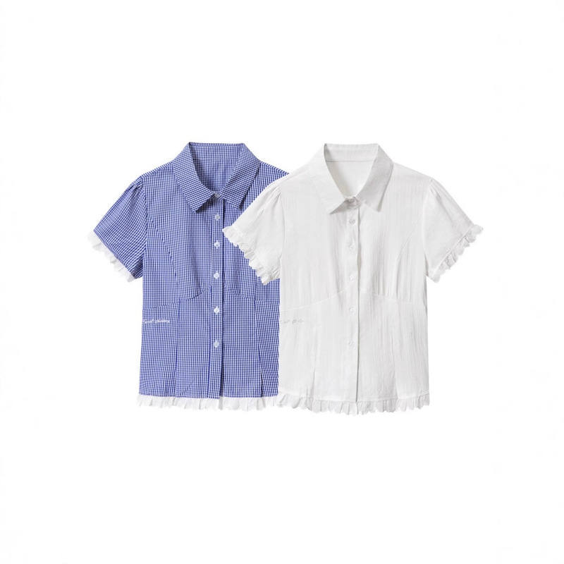 2025 Summer New Hot Girl College Style Back Waist Lace Plaid Shirt Top Wholesale Women