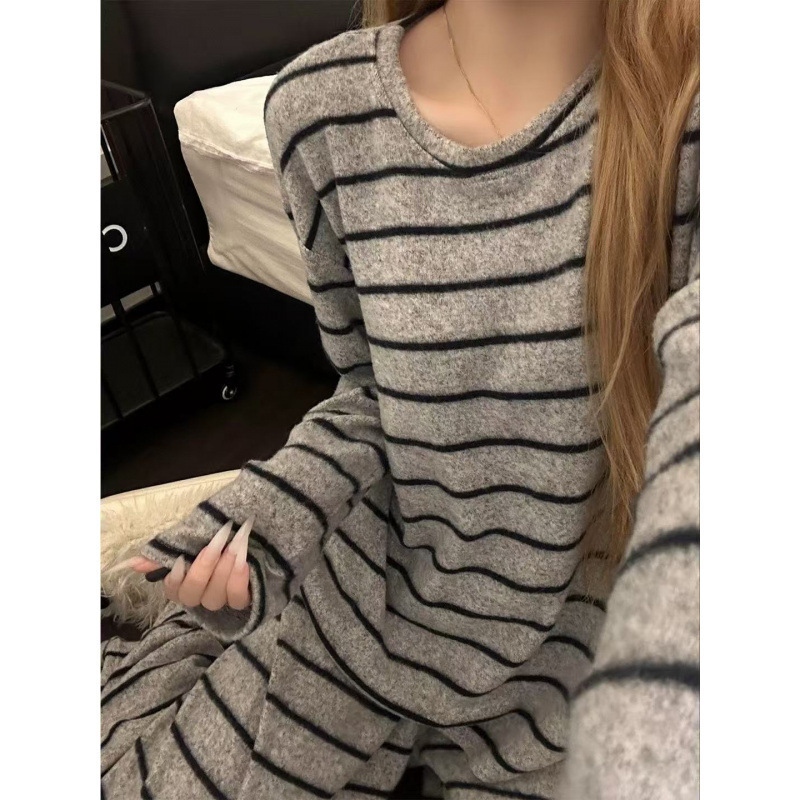韩系条纹设计感德绒睡衣女款秋冬季加厚家居服套装可外穿跨境批发|undefined