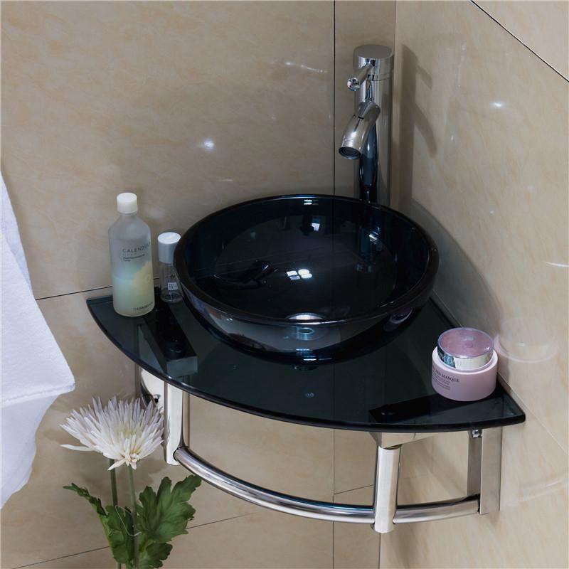 Triangular Small-Sized Tempered Glass Corner Bathroom Sink Basin Washbasin Wall-Mounted