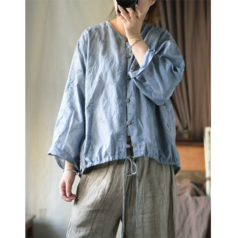 Spring and Summer New Original Vintage Literary Style Cardigan Bottom Swing Front Short Back Long Hemp Cotton Embroidered Top 25014