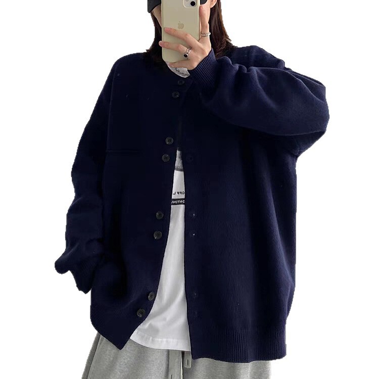灰色宽松慵懒风日系针织开衫女秋冬软糯小香风毛衣外套设计感上衣|undefined