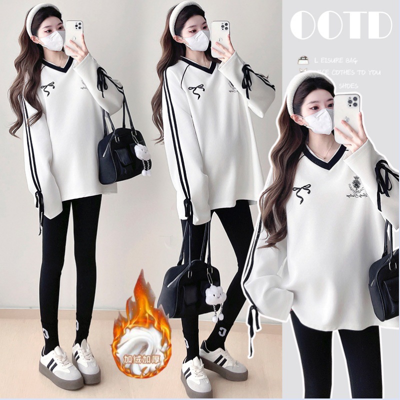 新款孕妇套头上衣小个子秋冬装加绒加厚休闲V领时髦潮妈绒衫卫衣