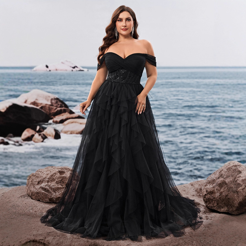 European and American Plus Size Fat Woman's Elegant Off-Shoulder Elegant Cocktail Party Dinner Dress Luxury Bridesmaid Graduation Dress Cake Skirt