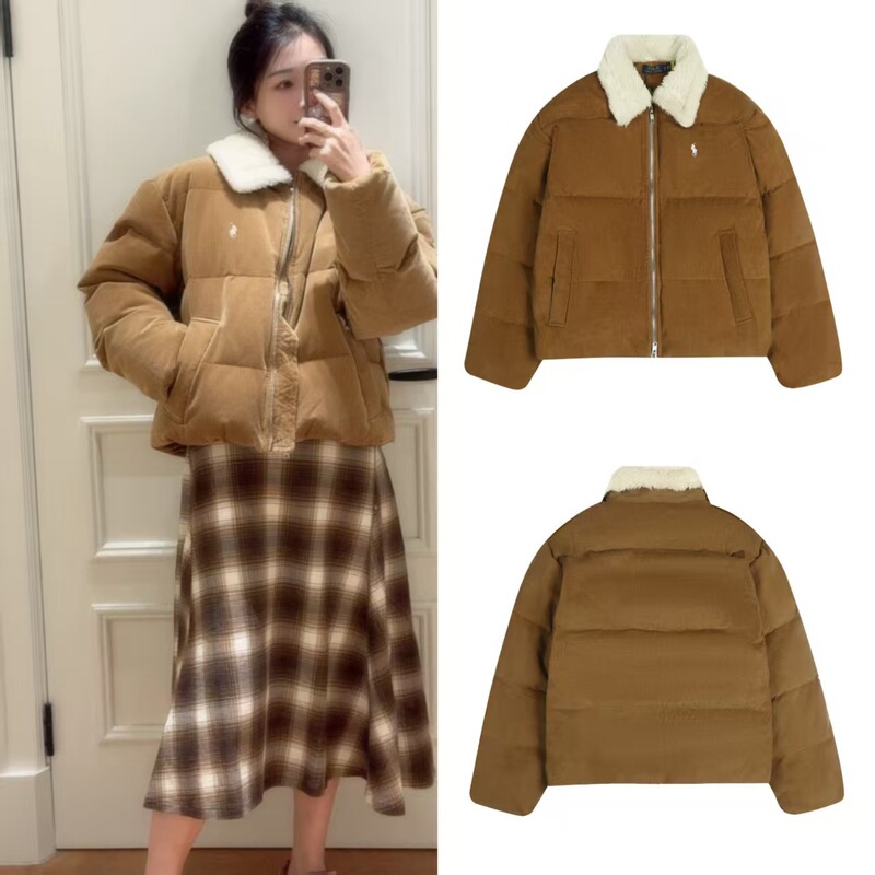 Ralph Lauren 2025 Retro Maillard Style Granular Velvet Lapel Short High-Waisted Corduroy Thickeneded down Jacket