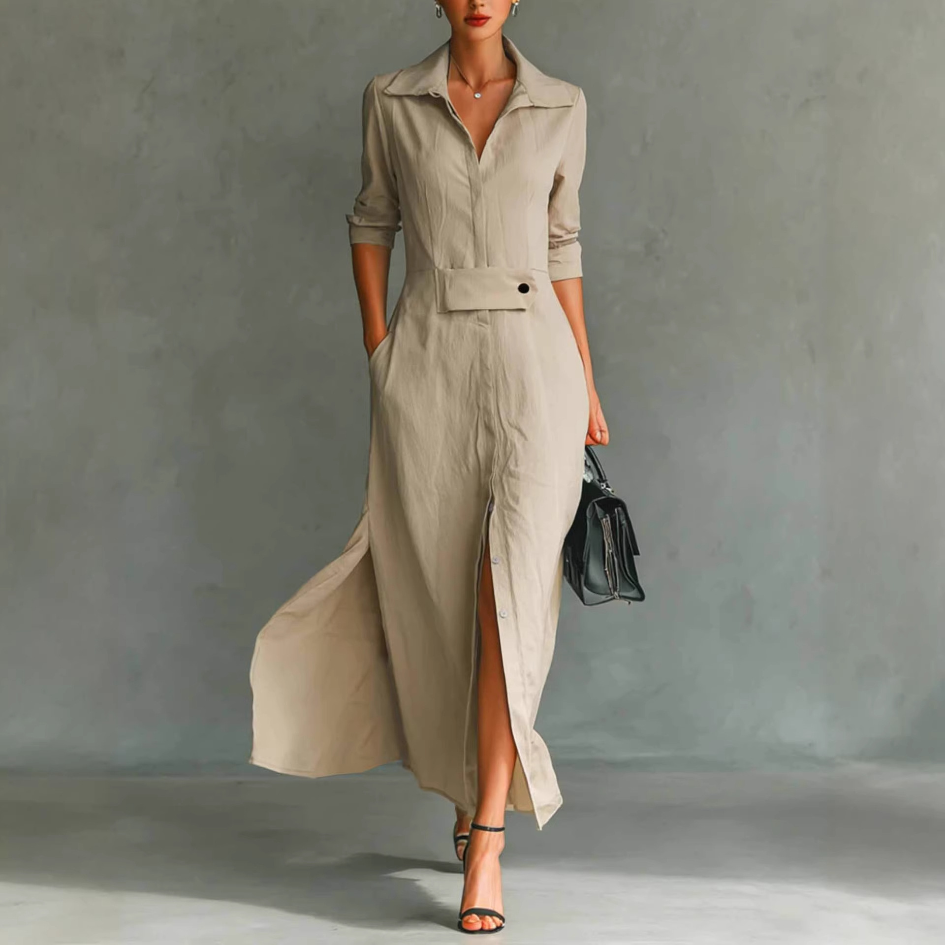 2026 European And American Cross-border Independent Station Long-sleeved Casual Elegant Slit Shirt Dress_ecoleips.com