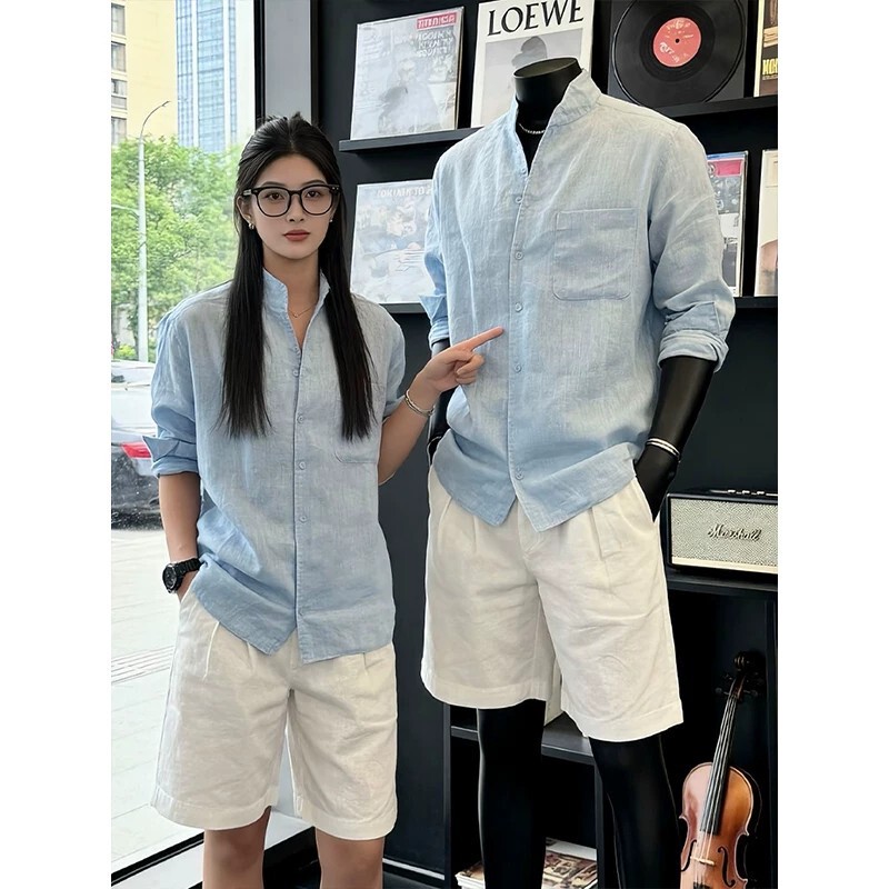 Light blue ice silk stand-up collar shirt for men, summer thin style, old money style long-sleeve shirt, cleanfit sun protection jacket Light blue ice silk stand-up collar shirt for men, summer thin style, old money style long-sleeve shirt, cleanfit sun protection jacket
